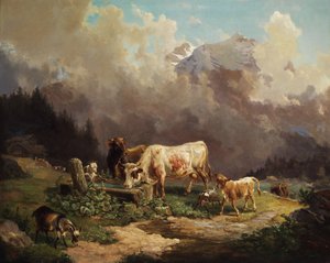 Cattle in the High Mountains at the Watering Place